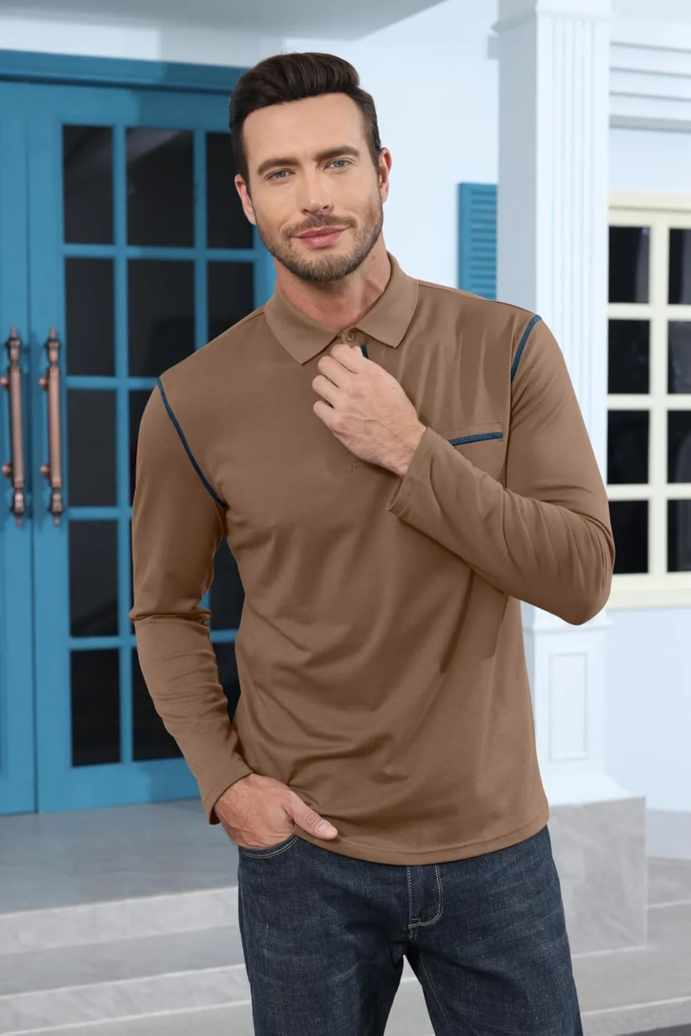 Mens Long Sleeve Polo Shirts Cotton Casual Polo Shirt Collared Button Classic Golf Polo T Shirts