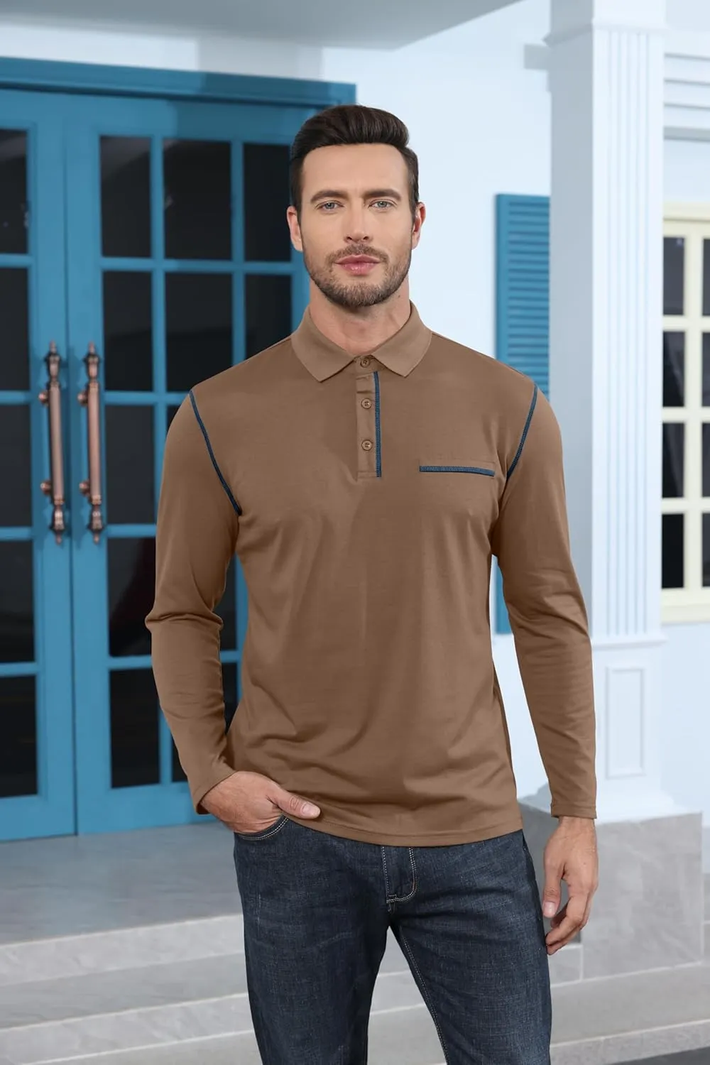Mens Long Sleeve Polo Shirts Cotton Casual Polo Shirt Collared Button Classic Golf Polo T Shirts