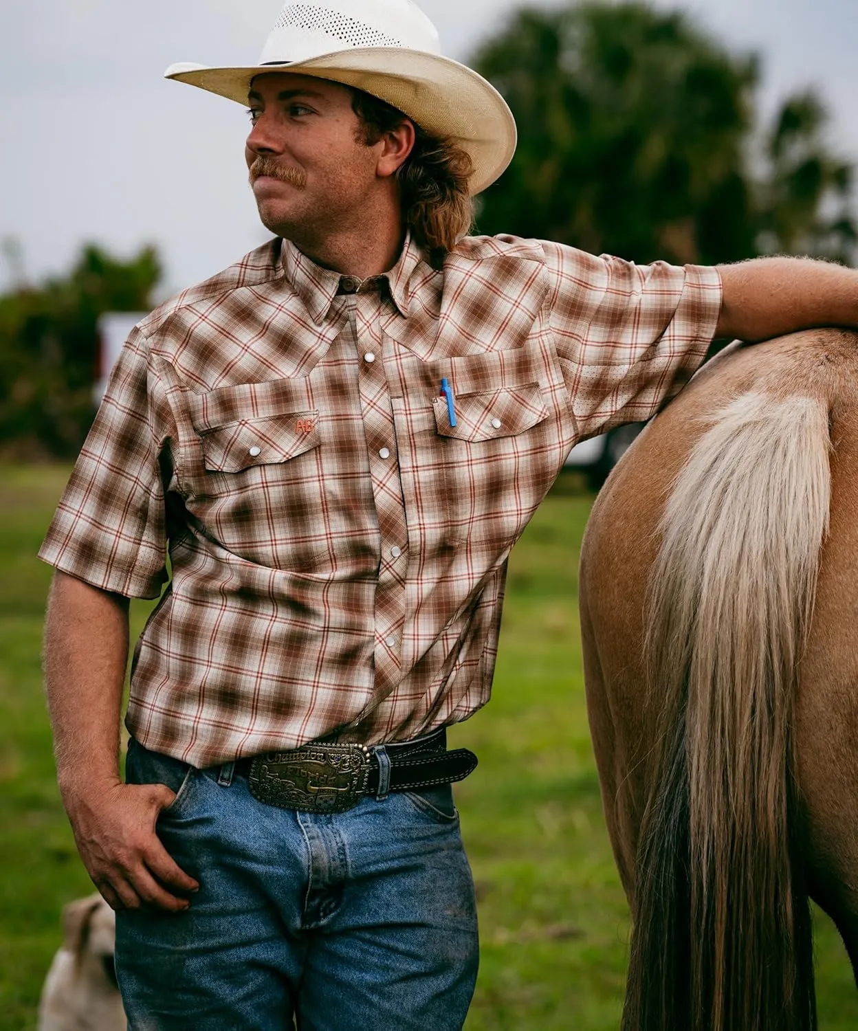 Men's Short Sleeve Stockyard Button Down Shirt, Breathable Performance Work Shirt for Farmers and Ranchers with UPF30