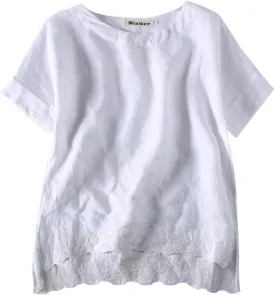 Minibee Women's Summer Linen Tunic Shirt High Low Hem Embroidery Blouse Top