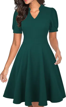 Mokayee Womens Summer Short Puff Sleeve Casual Semi-Formal Fit and Flare Church Wedding Guest Work Dresses with Pockets