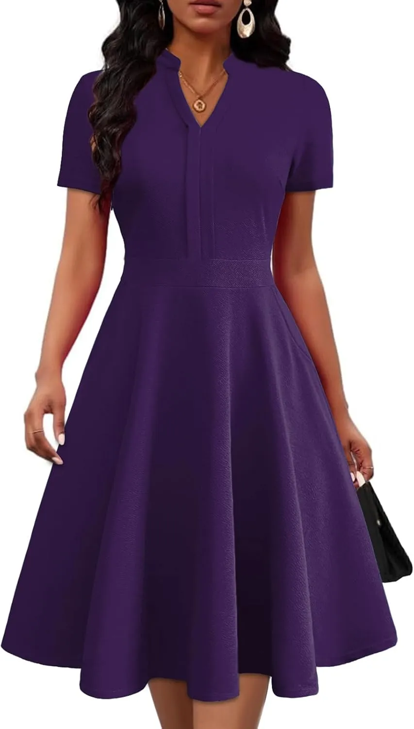 Mokayee Womens Summer Short Sleeve V Neck Fit and Flare Semi Formal Work Wedding Guest Dresses with Pockets