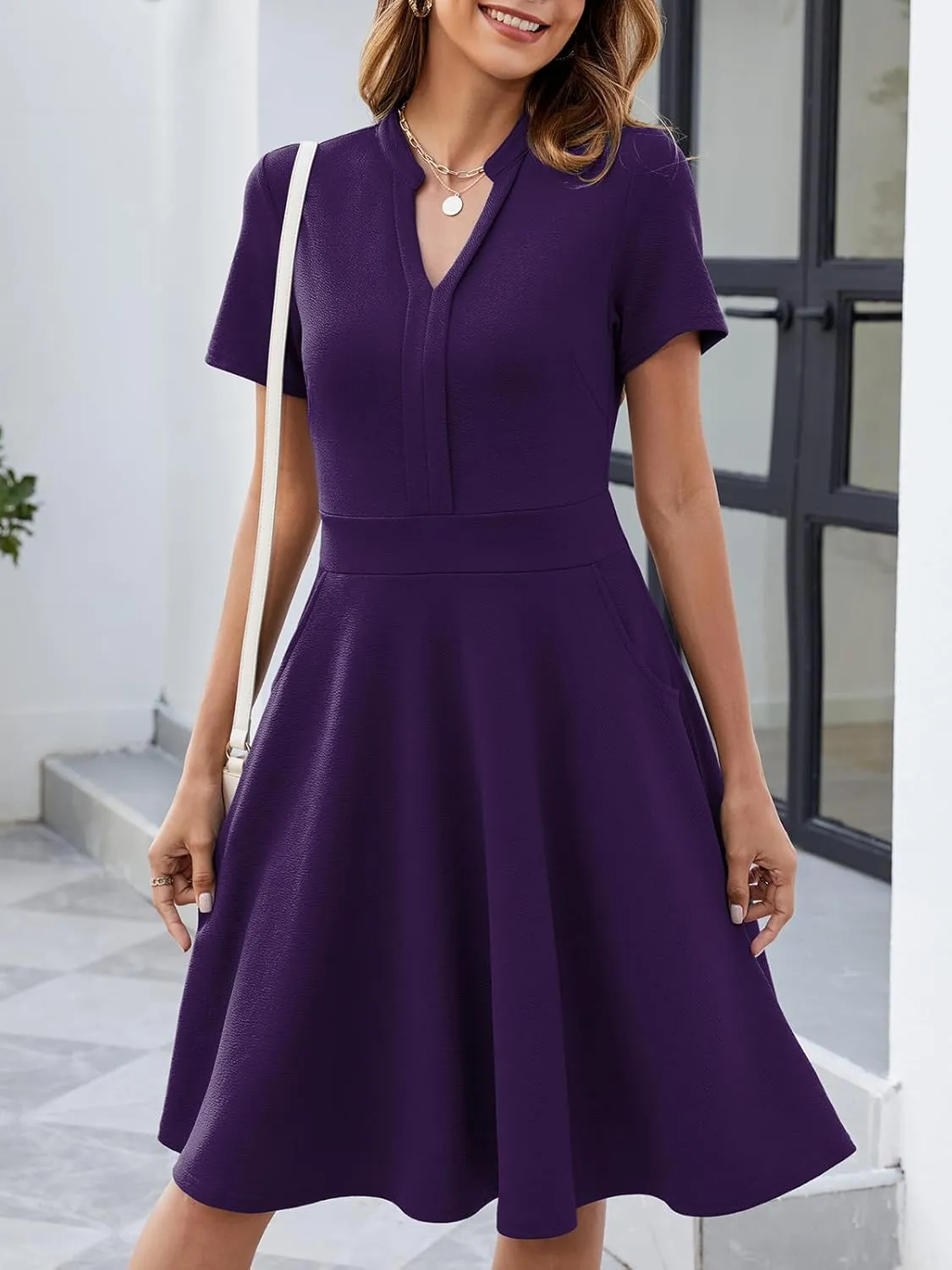 Mokayee Womens Summer Short Sleeve V Neck Fit and Flare Semi Formal Work Wedding Guest Dresses with Pockets