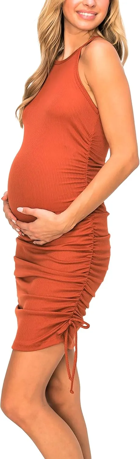 My Bump Women's Knit Ribbed Sleeveless Maternity Dress with Side Ruched and Strings(Made in USA)