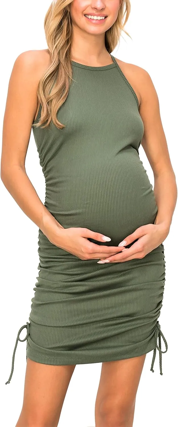 My Bump Women's Knit Ribbed Sleeveless Maternity Dress with Side Ruched and Strings(Made in USA)