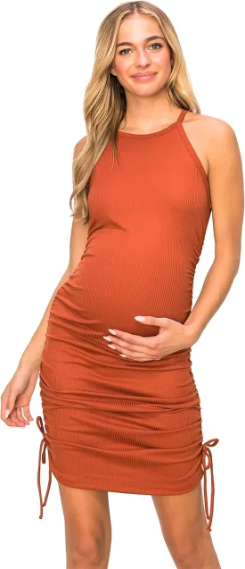 My Bump Women's Knit Ribbed Sleeveless Maternity Dress with Side Ruched and Strings(Made in USA)