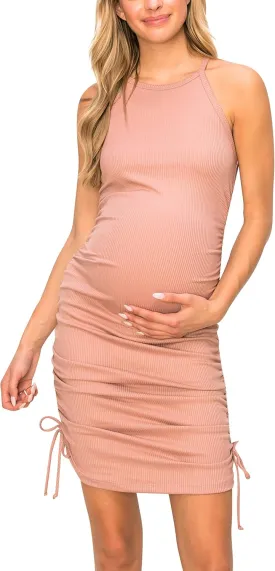 My Bump Women's Knit Ribbed Sleeveless Maternity Dress with Side Ruched and Strings(Made in USA)