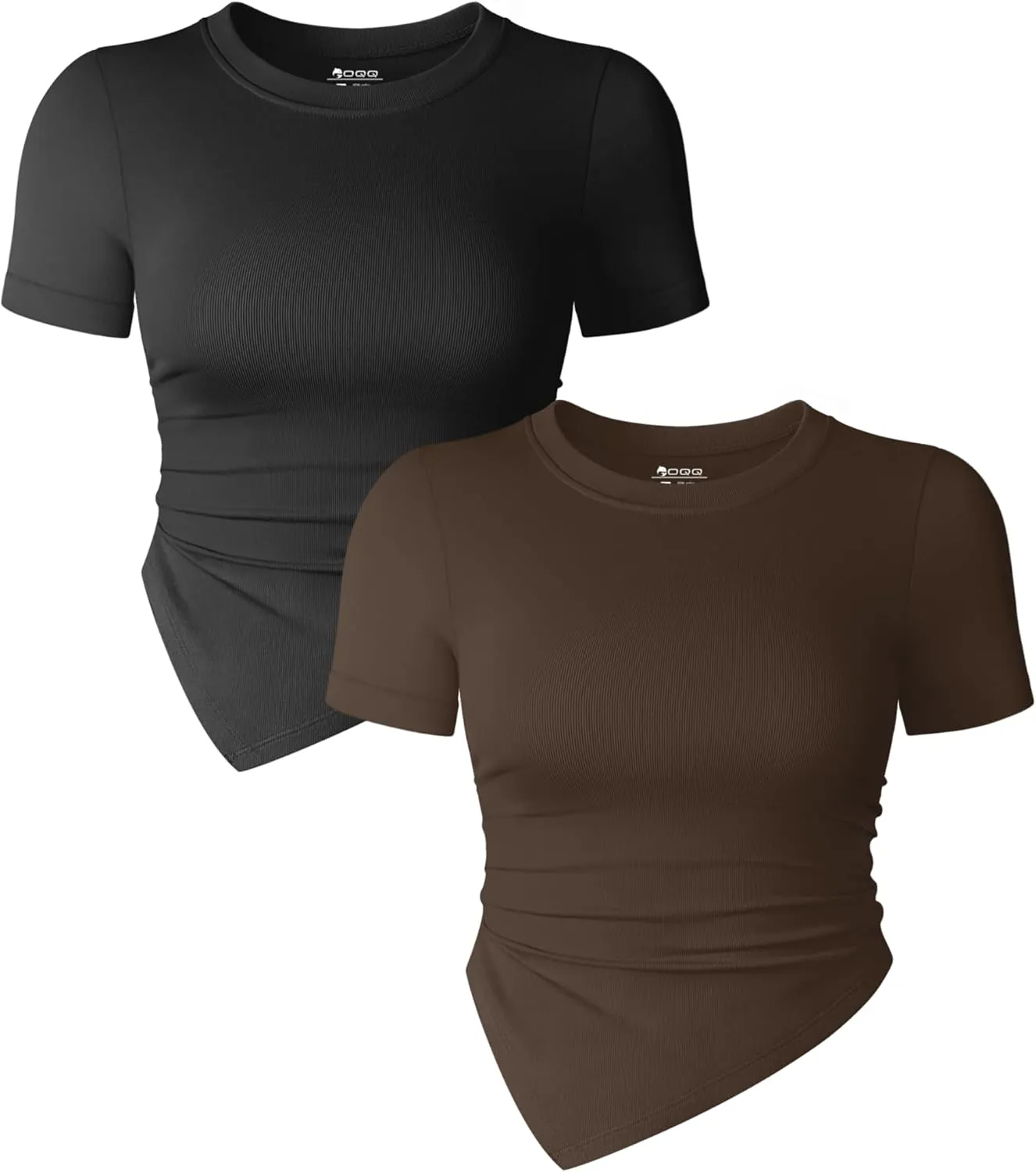 OQQ Women's 2 Piece Tops Short Sleeve Crew Neck Ruched Stretch Fitted Tee Shirts Tops