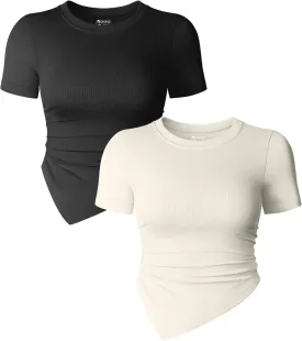 OQQ Women's 2 Piece Tops Short Sleeve Crew Neck Ruched Stretch Fitted Tee Shirts Tops