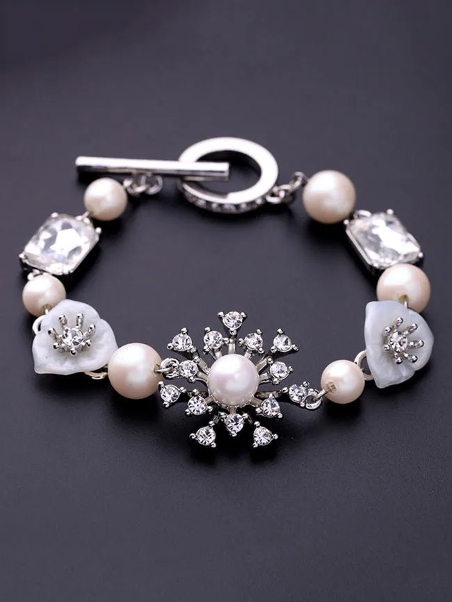 Pearl Link Toggle Bracelet Rhinestone Faux
