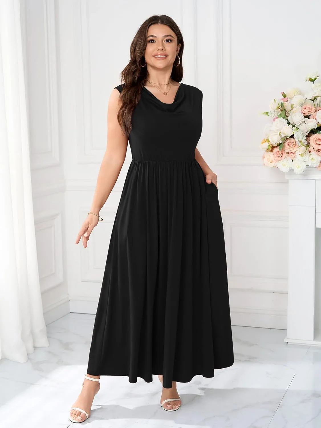 Plus Size Dress Semi Formal Cowl Neck Sleeveless Tank Casual Work Maxi Summer Dresses for Women with Pockets