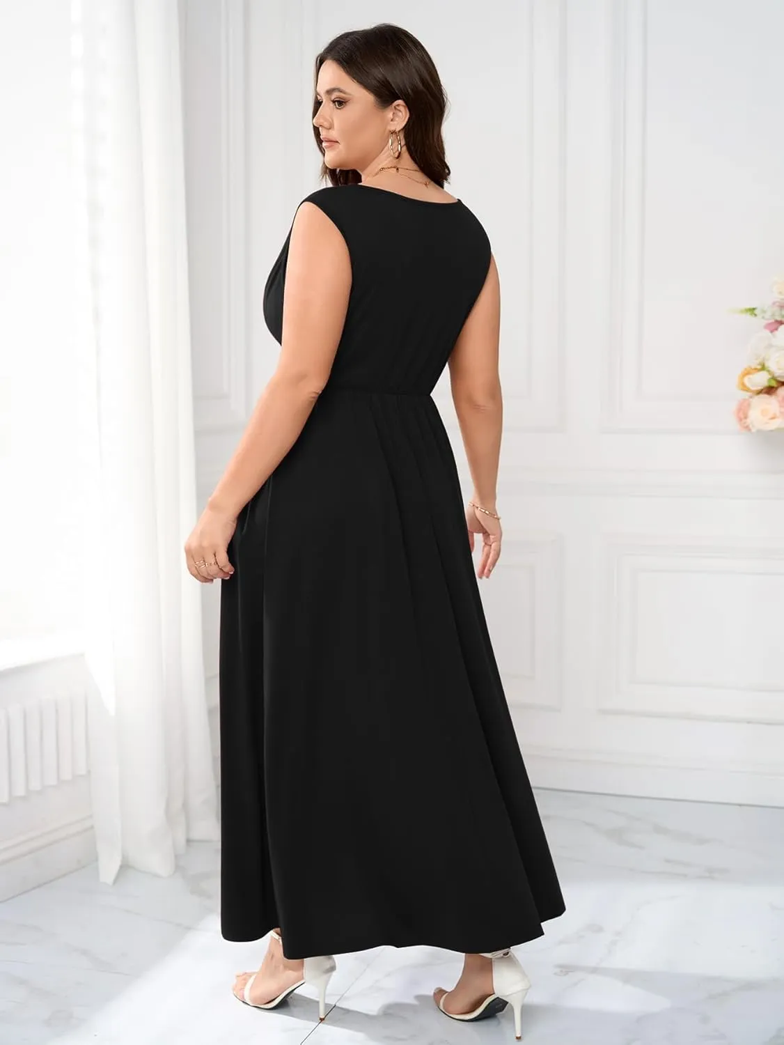 Plus Size Dress Semi Formal Cowl Neck Sleeveless Tank Casual Work Maxi Summer Dresses for Women with Pockets