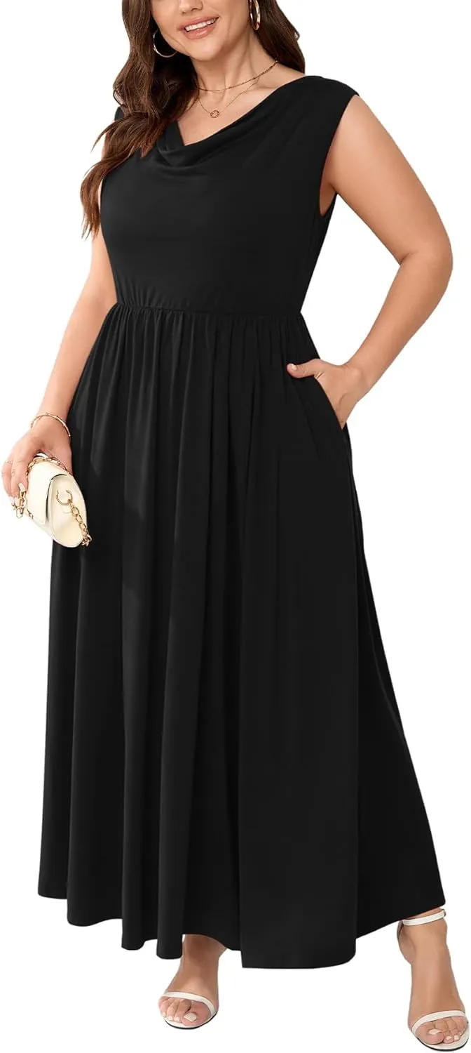 Plus Size Dress Semi Formal Cowl Neck Sleeveless Tank Casual Work Maxi Summer Dresses for Women with Pockets