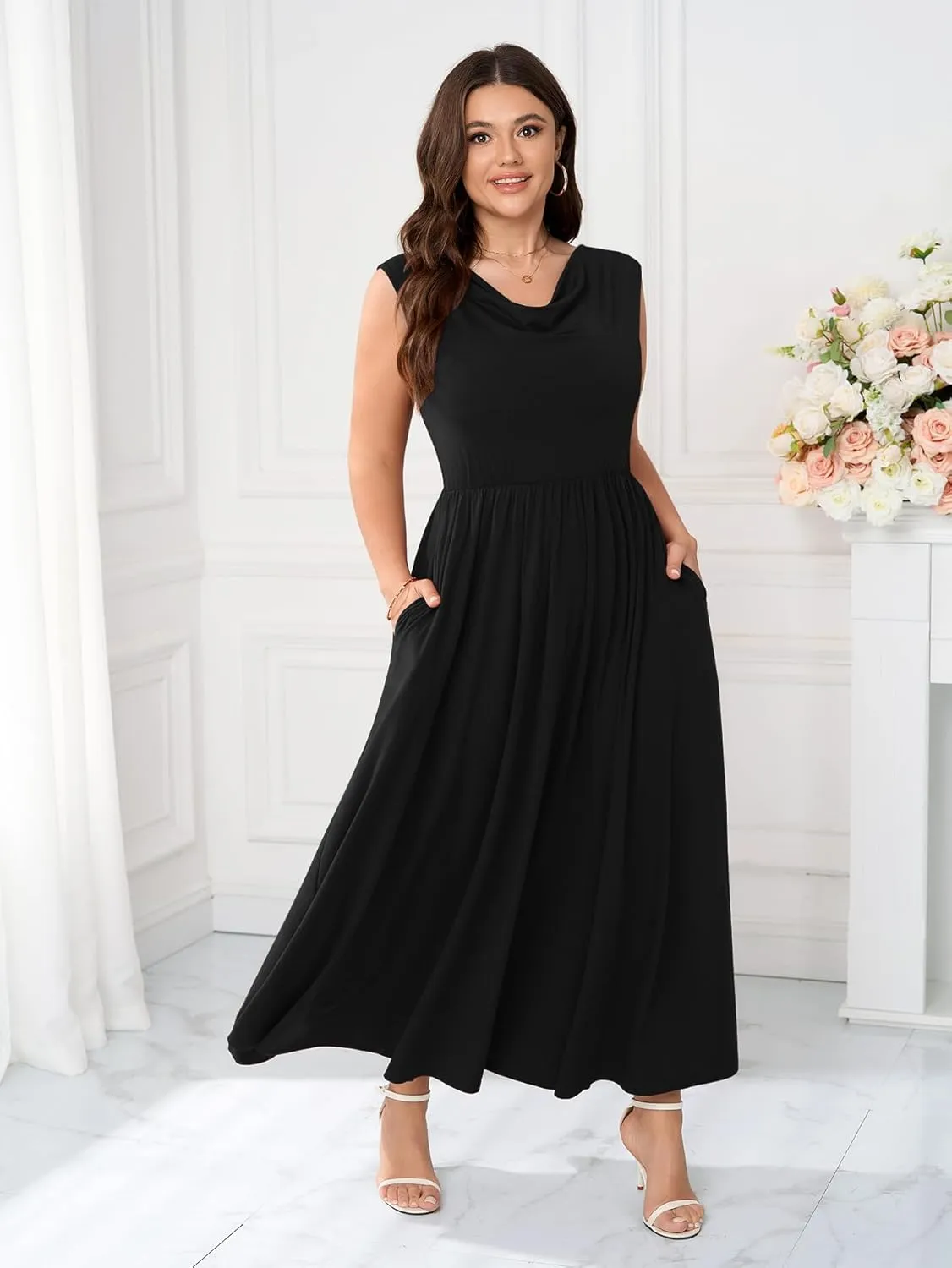 Plus Size Dress Semi Formal Cowl Neck Sleeveless Tank Casual Work Maxi Summer Dresses for Women with Pockets