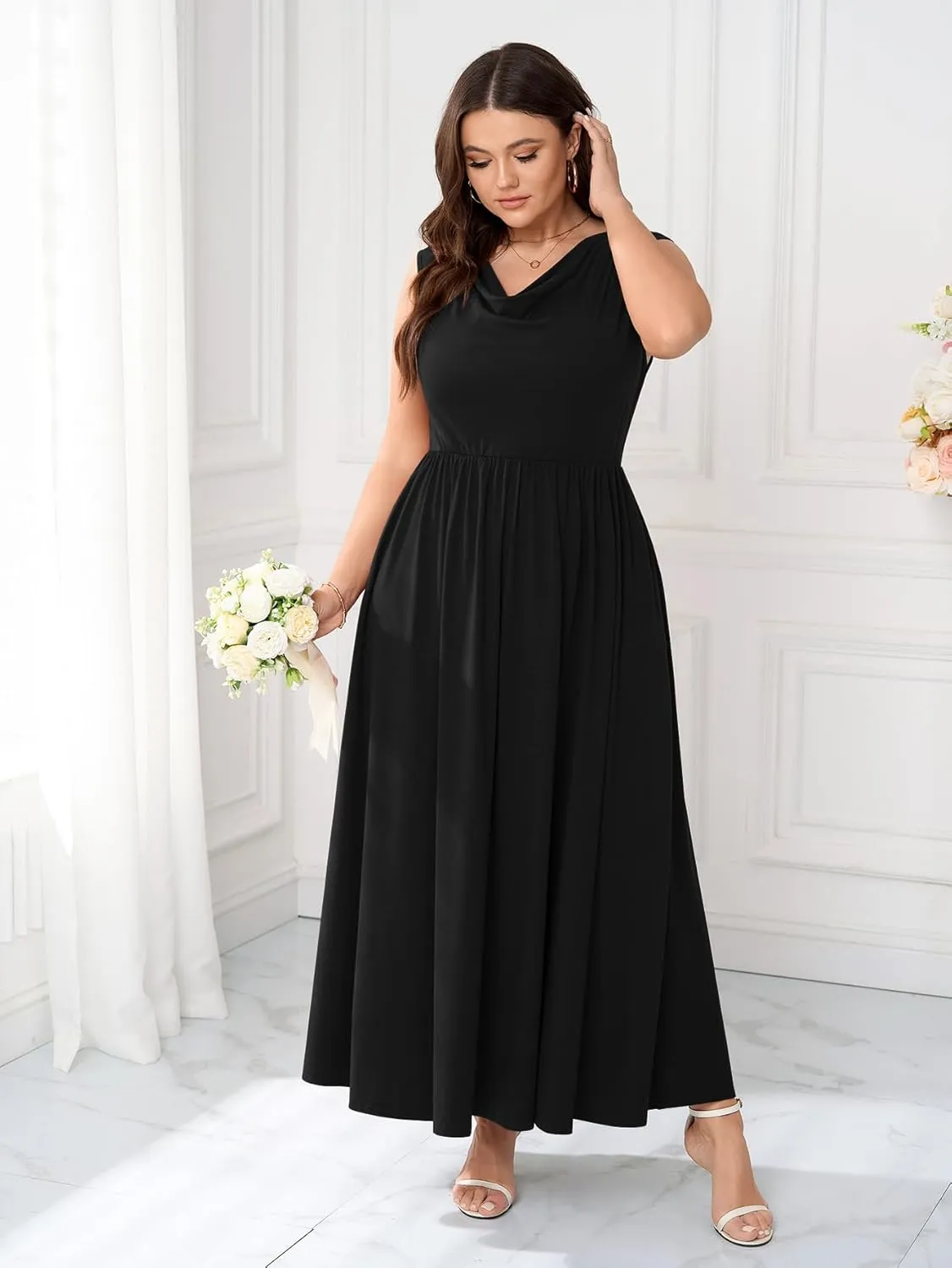 Plus Size Dress Semi Formal Cowl Neck Sleeveless Tank Casual Work Maxi Summer Dresses for Women with Pockets