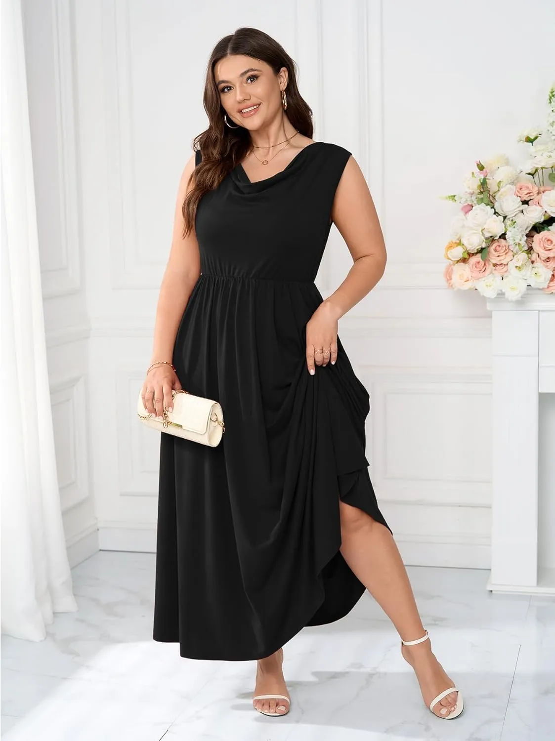 Plus Size Dress Semi Formal Cowl Neck Sleeveless Tank Casual Work Maxi Summer Dresses for Women with Pockets