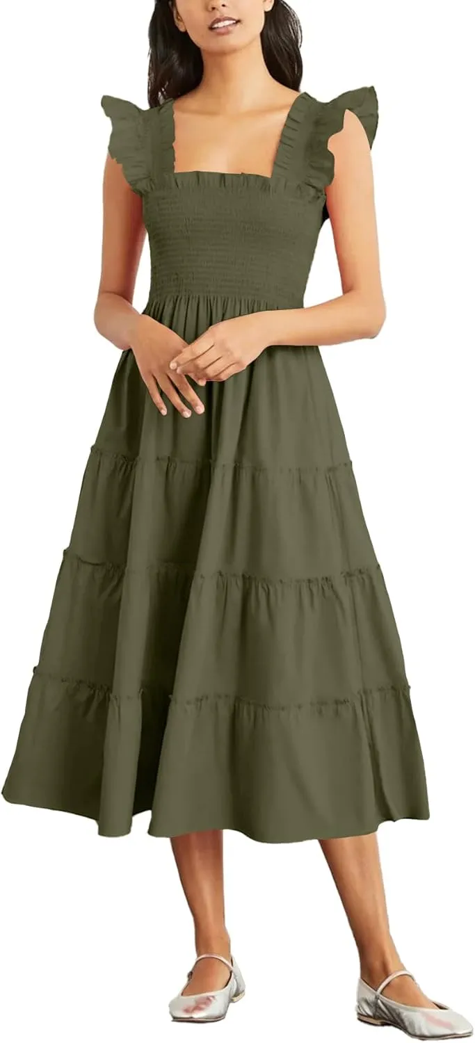 Rooscier Women's Square Neck Smocked Ruffle Sleeveless Sundress Tiered A Line Midi Dress