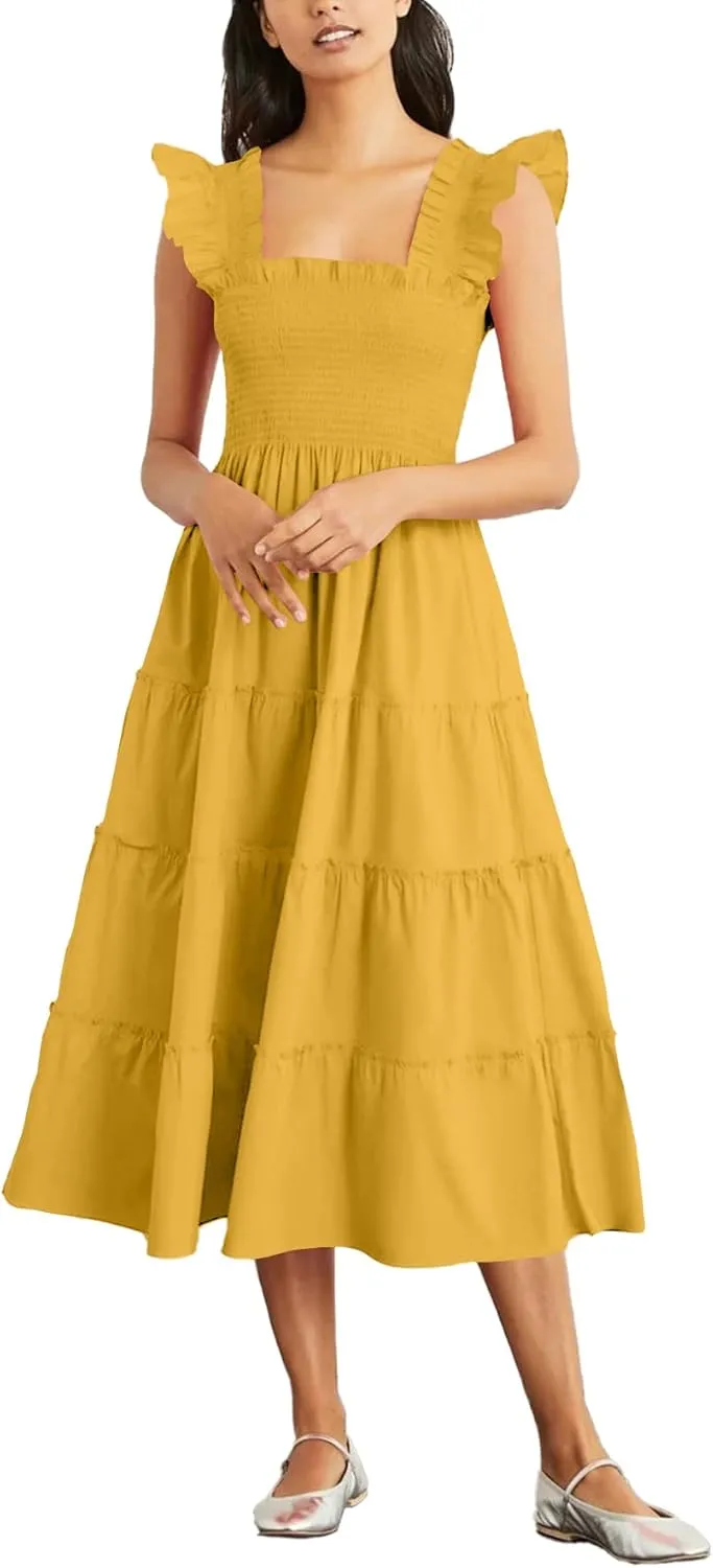 Rooscier Women's Square Neck Smocked Ruffle Sleeveless Sundress Tiered A Line Midi Dress