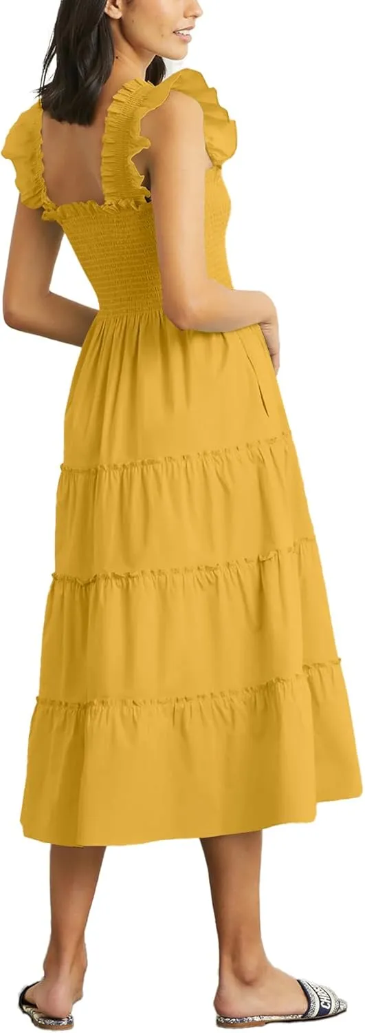 Rooscier Women's Square Neck Smocked Ruffle Sleeveless Sundress Tiered A Line Midi Dress