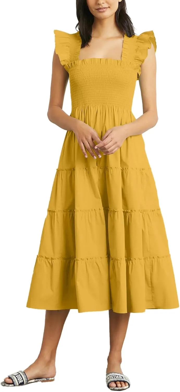 Rooscier Women's Square Neck Smocked Ruffle Sleeveless Sundress Tiered A Line Midi Dress