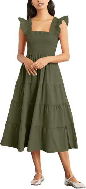 Rooscier Women's Square Neck Smocked Ruffle Sleeveless Sundress Tiered A Line Midi Dress