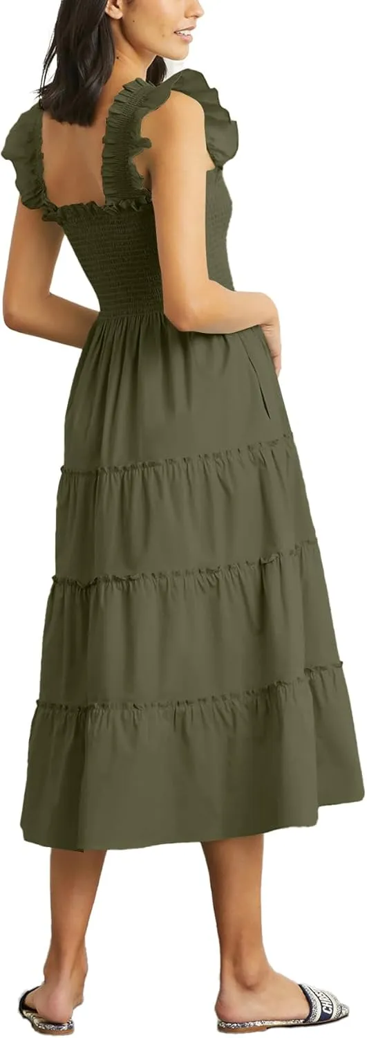Rooscier Women's Square Neck Smocked Ruffle Sleeveless Sundress Tiered A Line Midi Dress