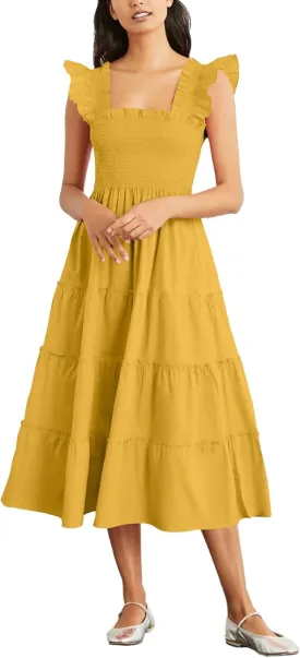 Rooscier Women's Square Neck Smocked Ruffle Sleeveless Sundress Tiered A Line Midi Dress