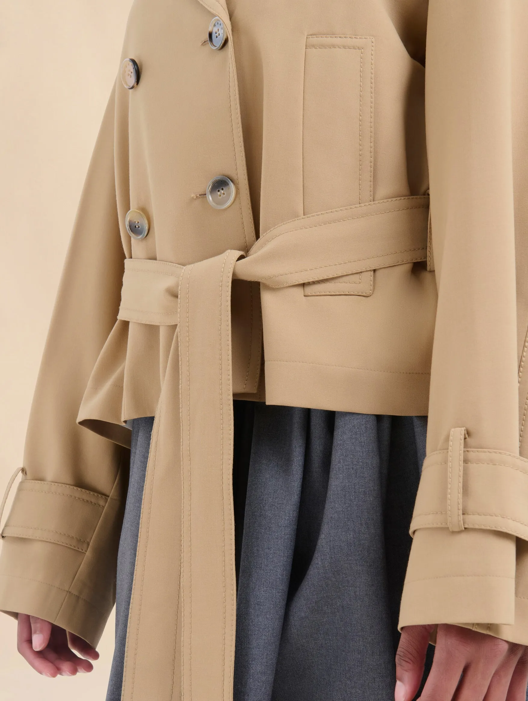 Short Wool Blend Trench in Winter Wheat