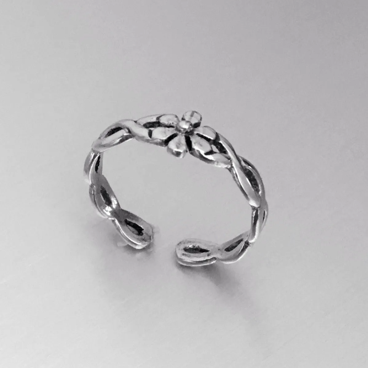 Sterling Silver Adjustable Flower with Braided Band Toe Ring, Boho Ring, Silver Ring, Flower Ring