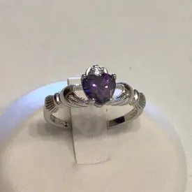Sterling Silver Amethyst CZ Heart Claddagh Ring, Silver Ring, Boho Ring, Friendship Ring