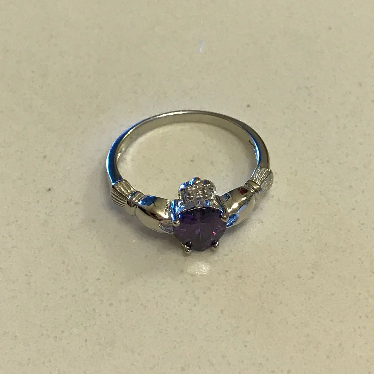 Sterling Silver Amethyst CZ Heart Claddagh Ring, Silver Ring, Boho Ring, Friendship Ring