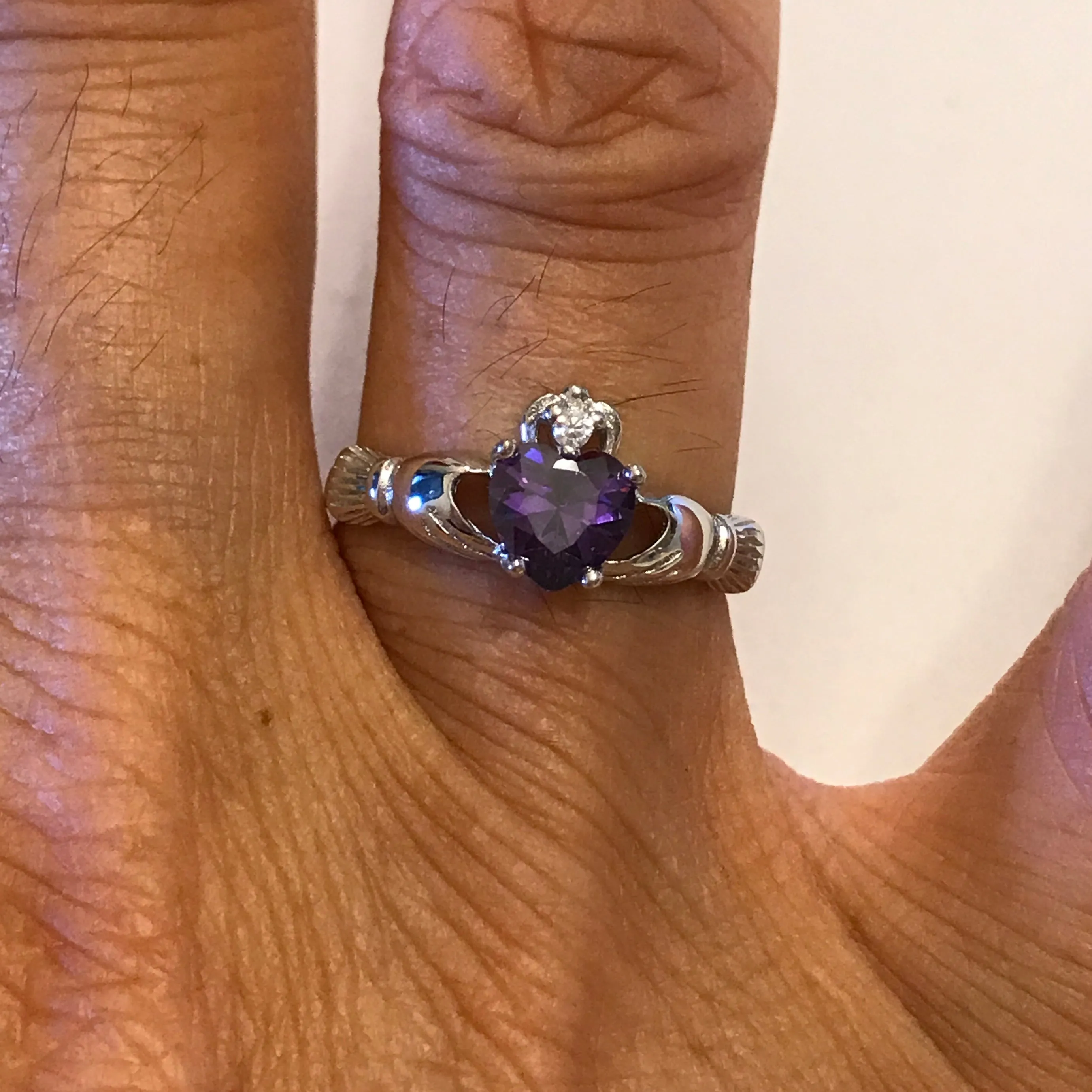 Sterling Silver Amethyst CZ Heart Claddagh Ring, Silver Ring, Boho Ring, Friendship Ring