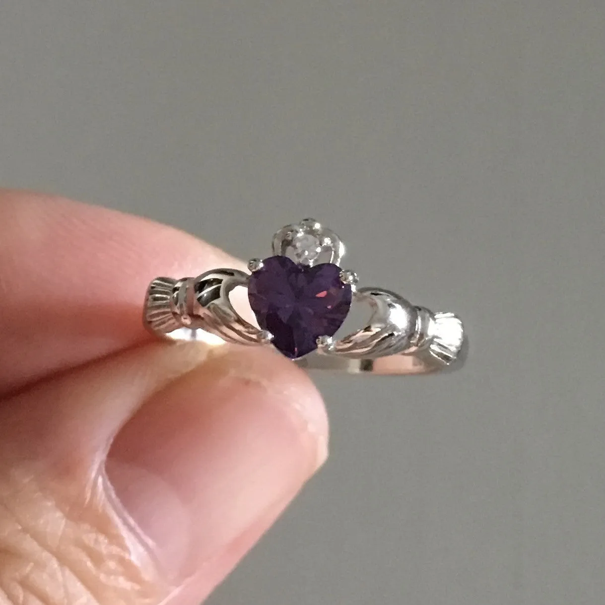 Sterling Silver Amethyst CZ Heart Claddagh Ring, Silver Ring, Boho Ring, Friendship Ring