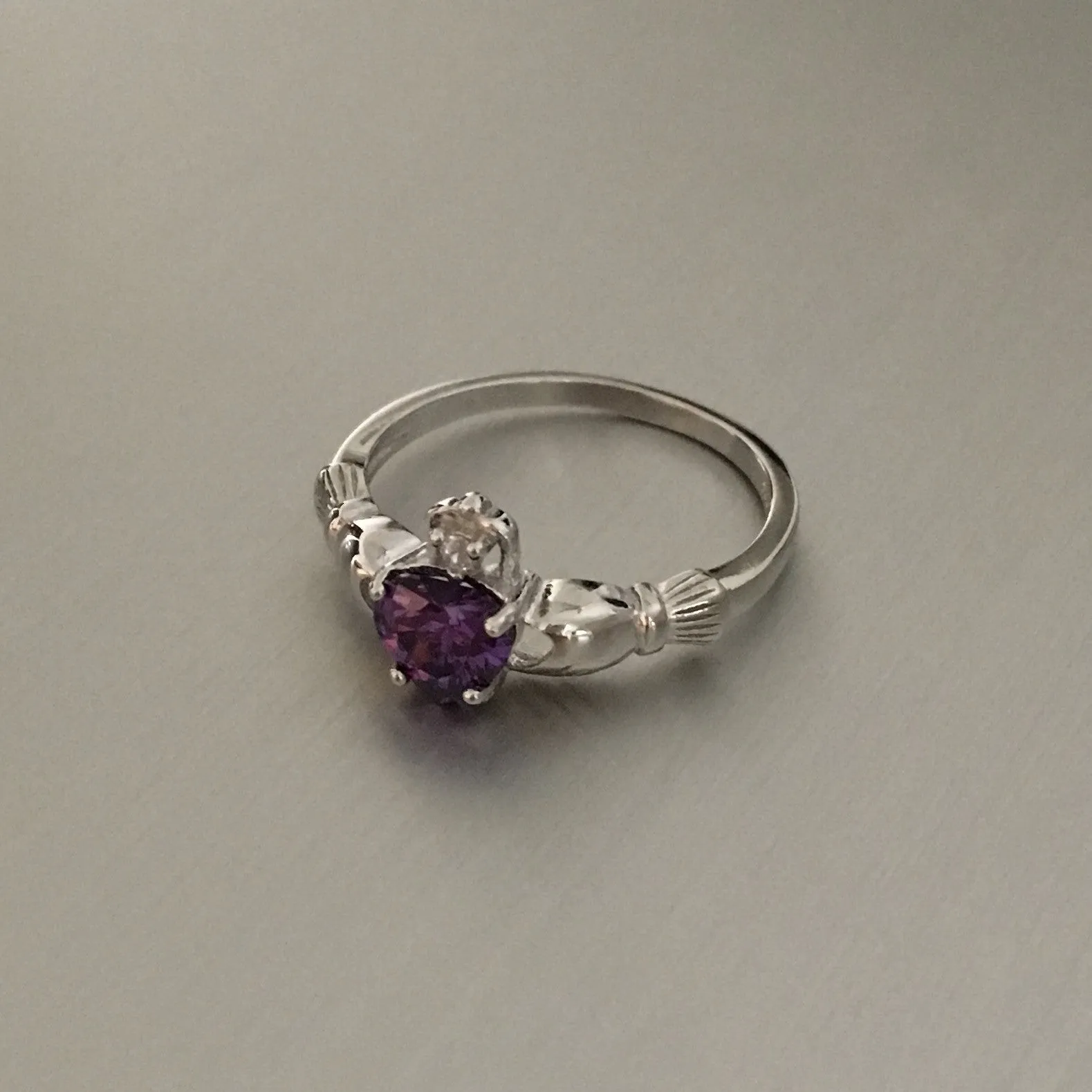 Sterling Silver Amethyst CZ Heart Claddagh Ring, Silver Ring, Boho Ring, Friendship Ring