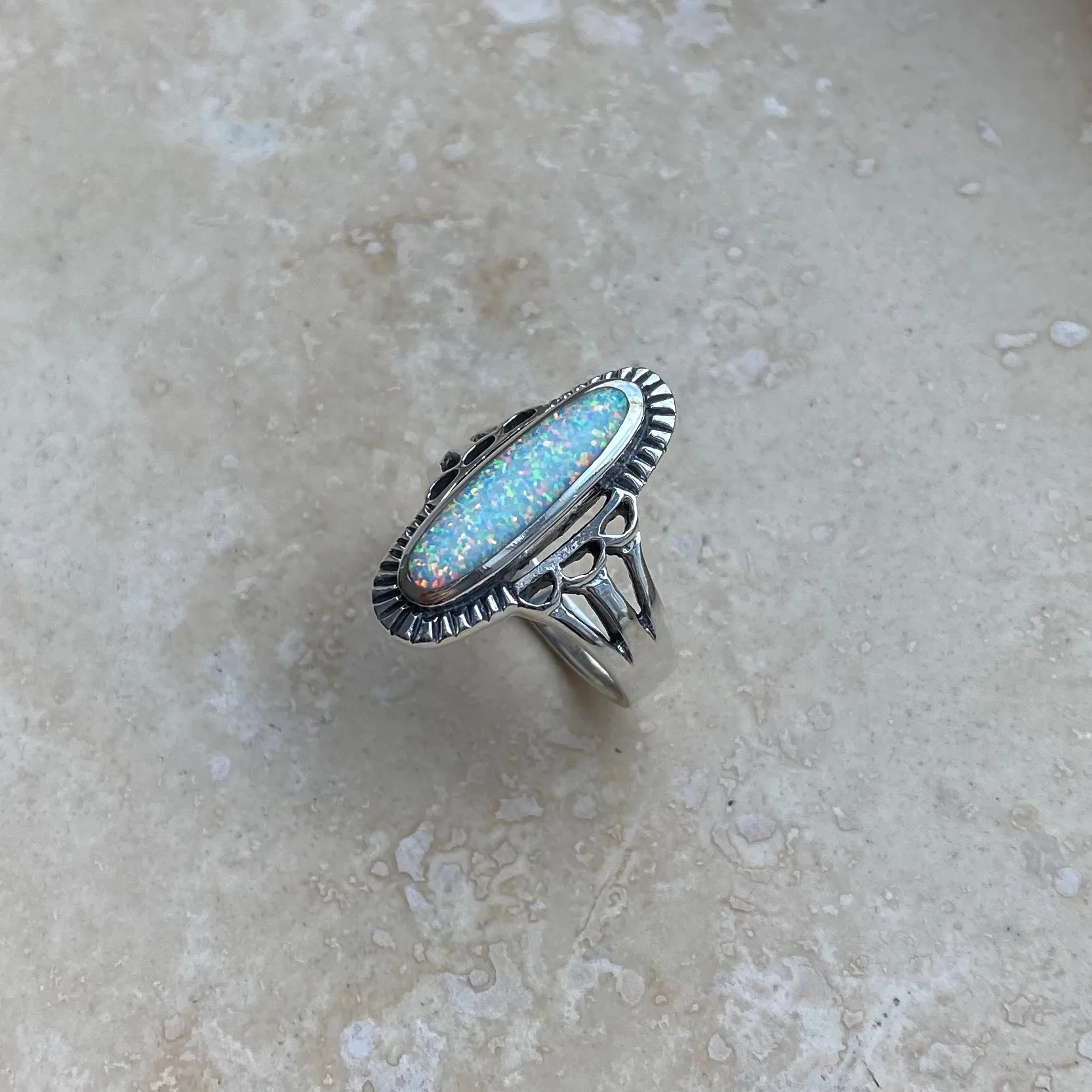 Sterling Silver Etched Oval White Lab Opal Ring, Silver Rings, Statement Ring, Opal Ring