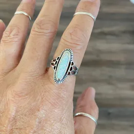 Sterling Silver Etched Oval White Lab Opal Ring, Silver Rings, Statement Ring, Opal Ring