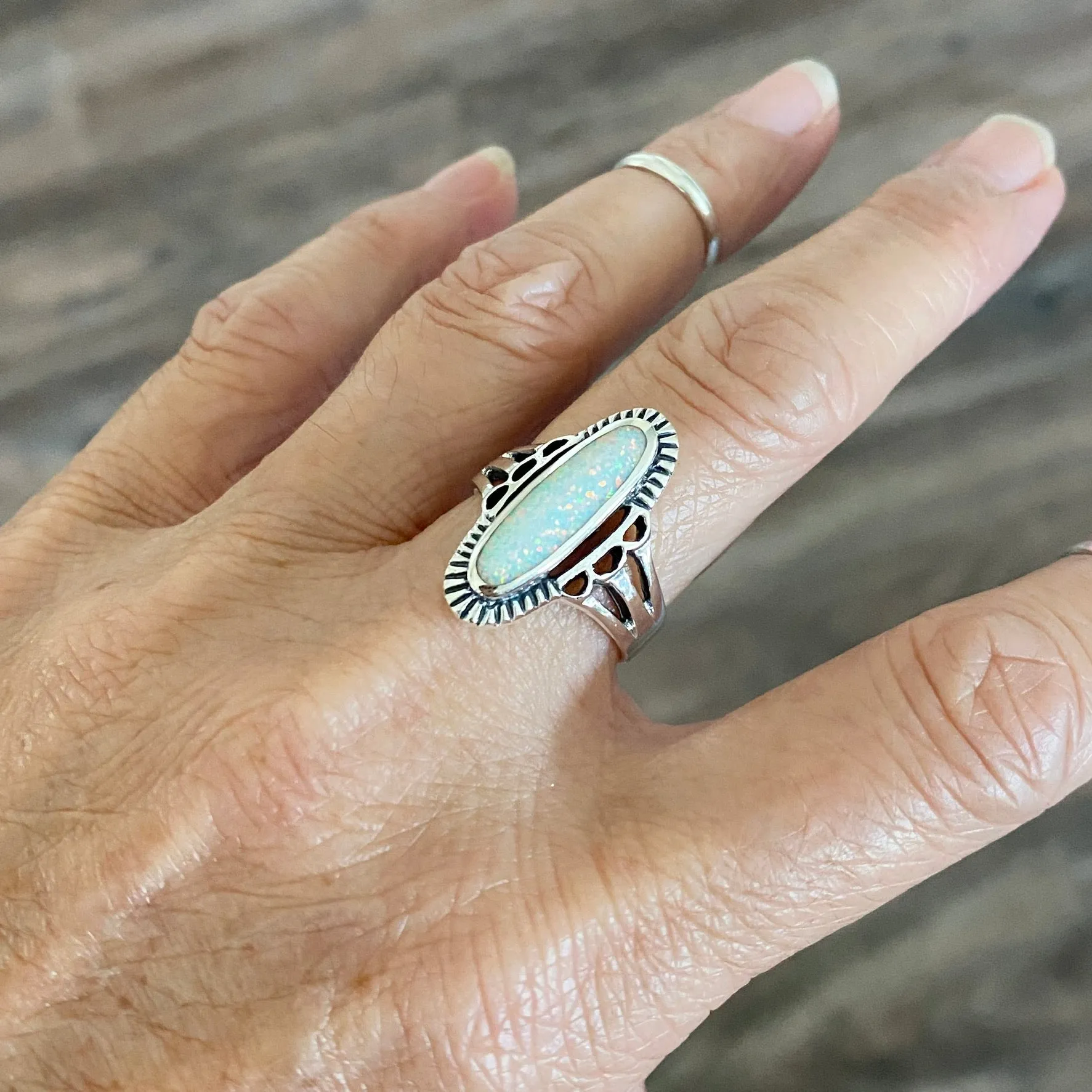 Sterling Silver Etched Oval White Lab Opal Ring, Silver Rings, Statement Ring, Opal Ring