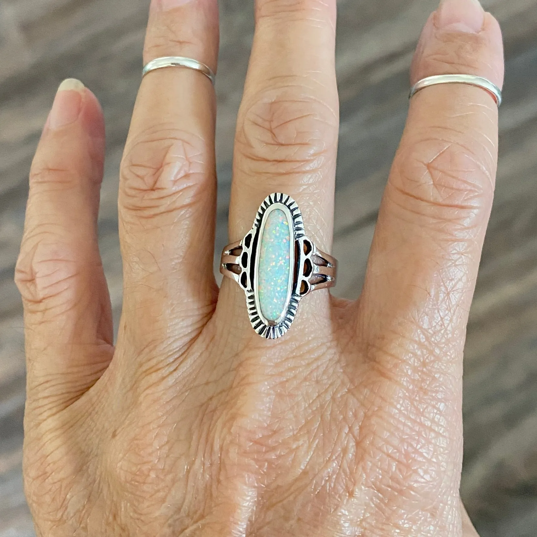 Sterling Silver Etched Oval White Lab Opal Ring, Silver Rings, Statement Ring, Opal Ring