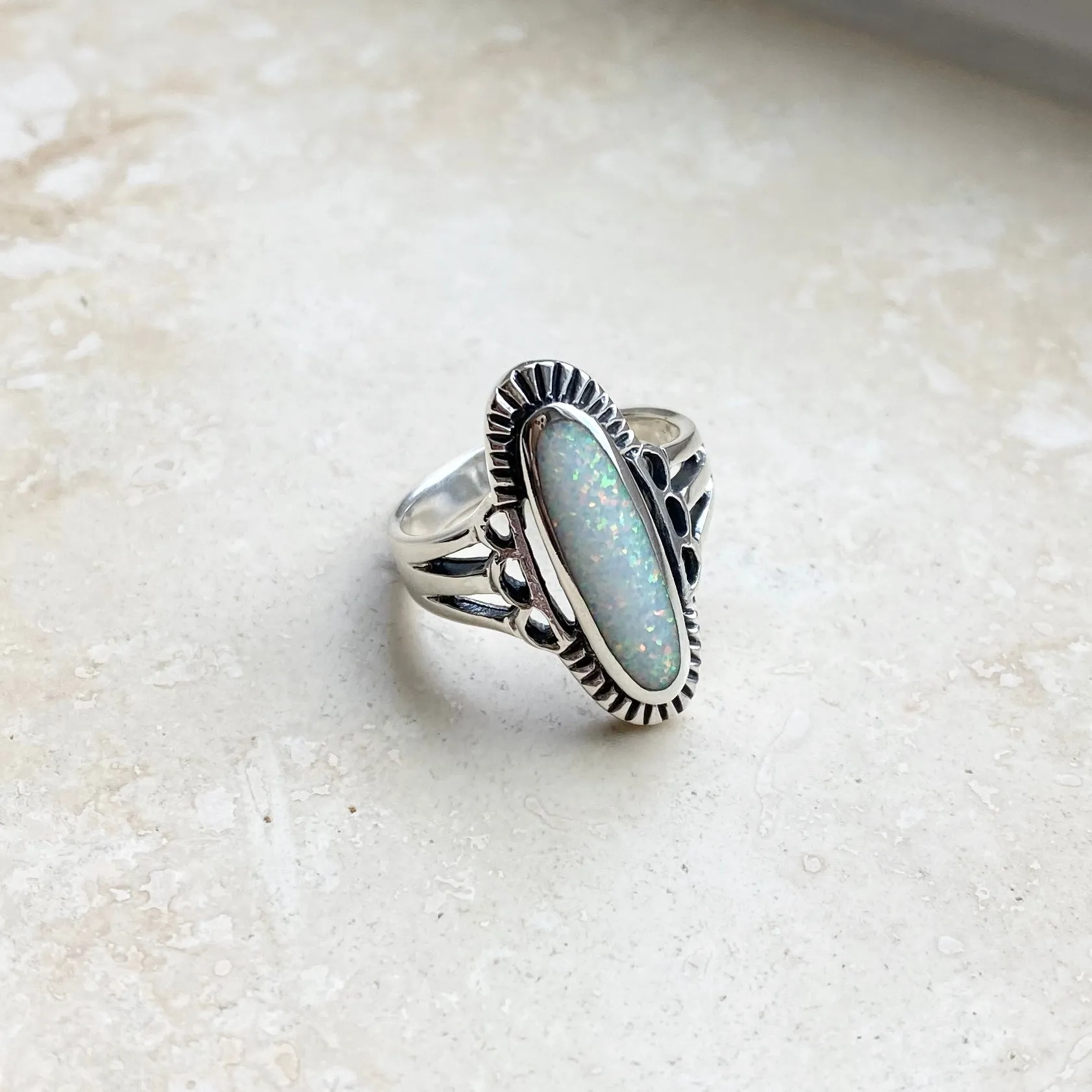 Sterling Silver Etched Oval White Lab Opal Ring, Silver Rings, Statement Ring, Opal Ring