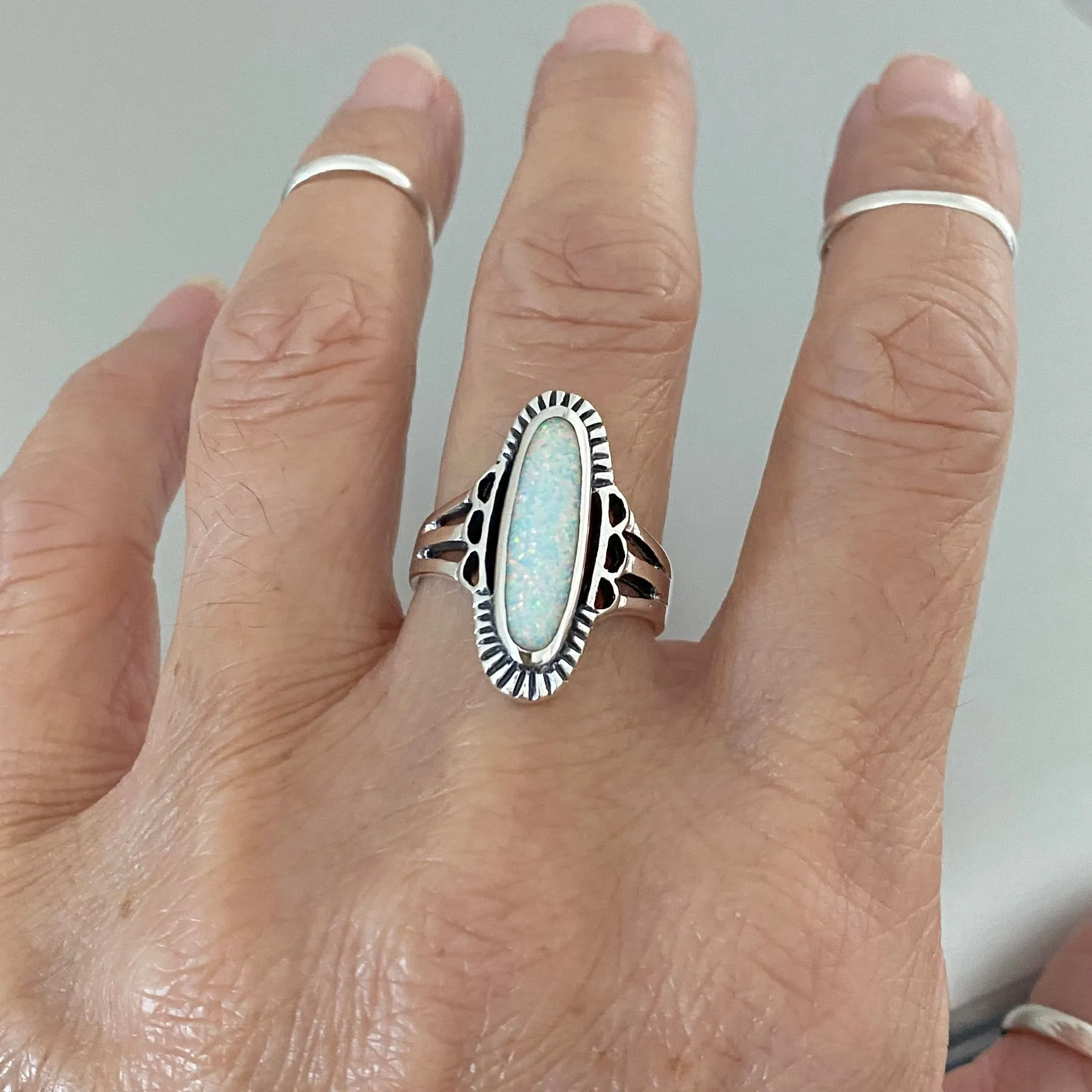 Sterling Silver Etched Oval White Lab Opal Ring, Silver Rings, Statement Ring, Opal Ring