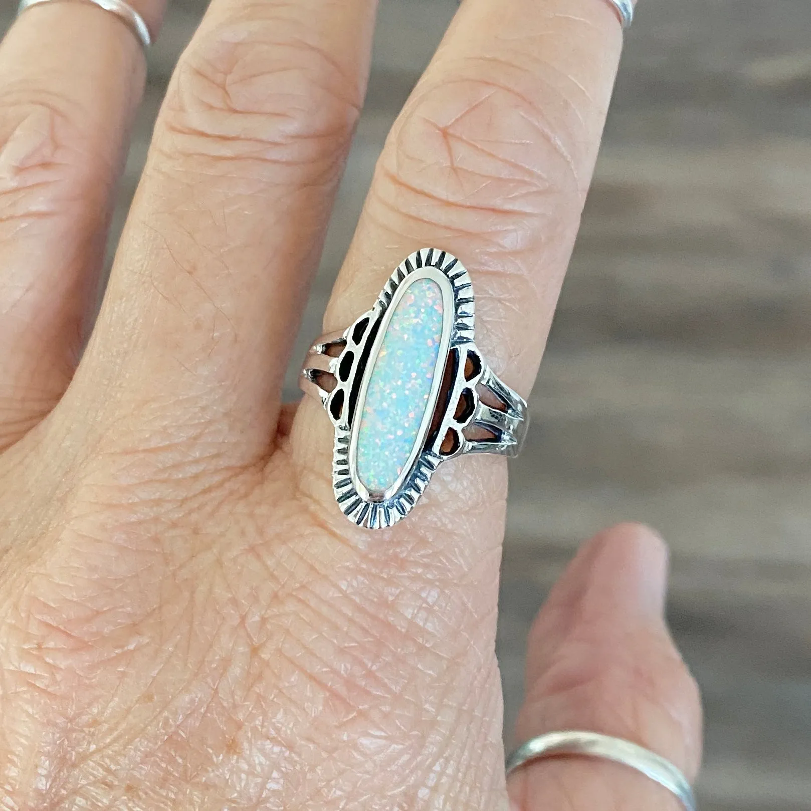 Sterling Silver Etched Oval White Lab Opal Ring, Silver Rings, Statement Ring, Opal Ring