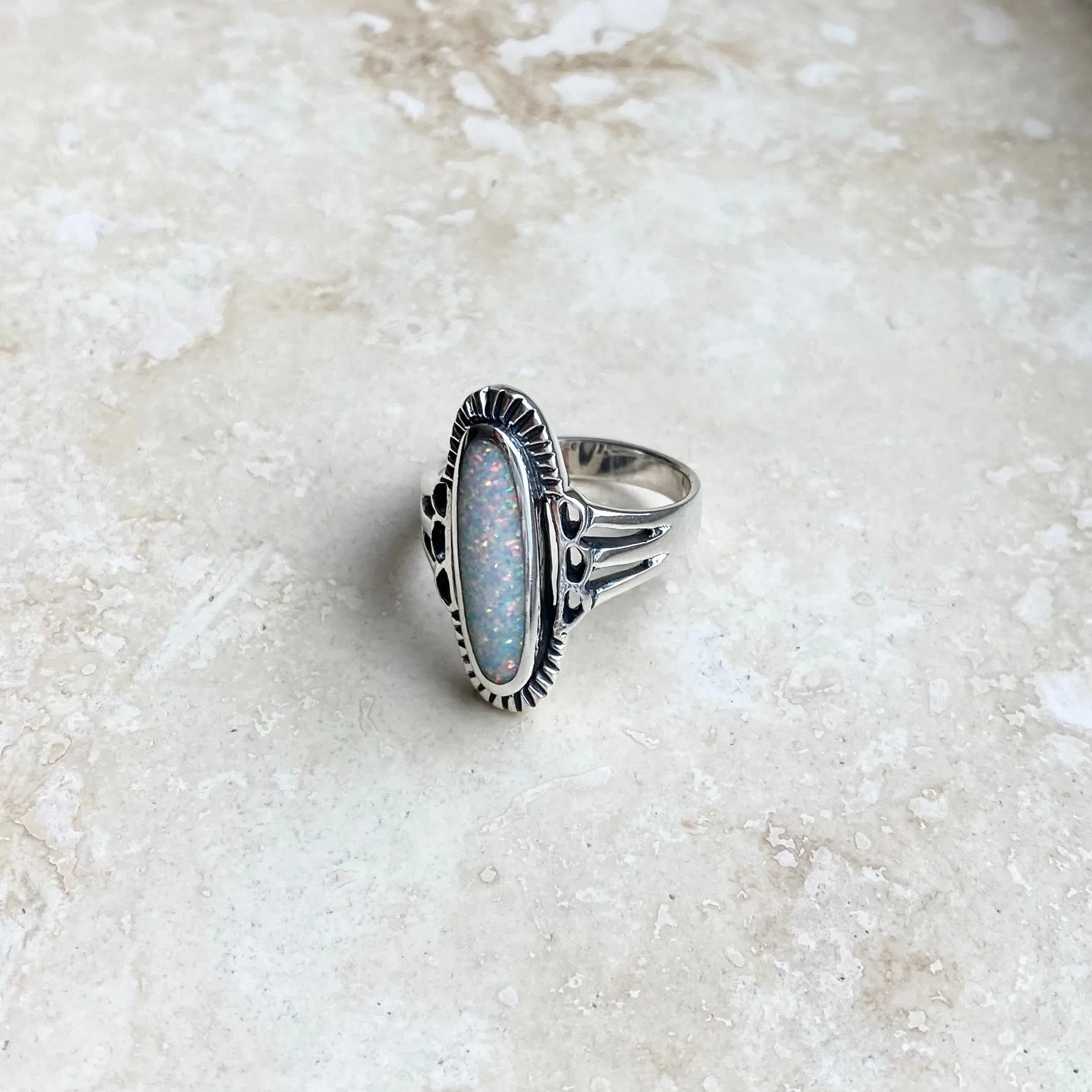 Sterling Silver Etched Oval White Lab Opal Ring, Silver Rings, Statement Ring, Opal Ring