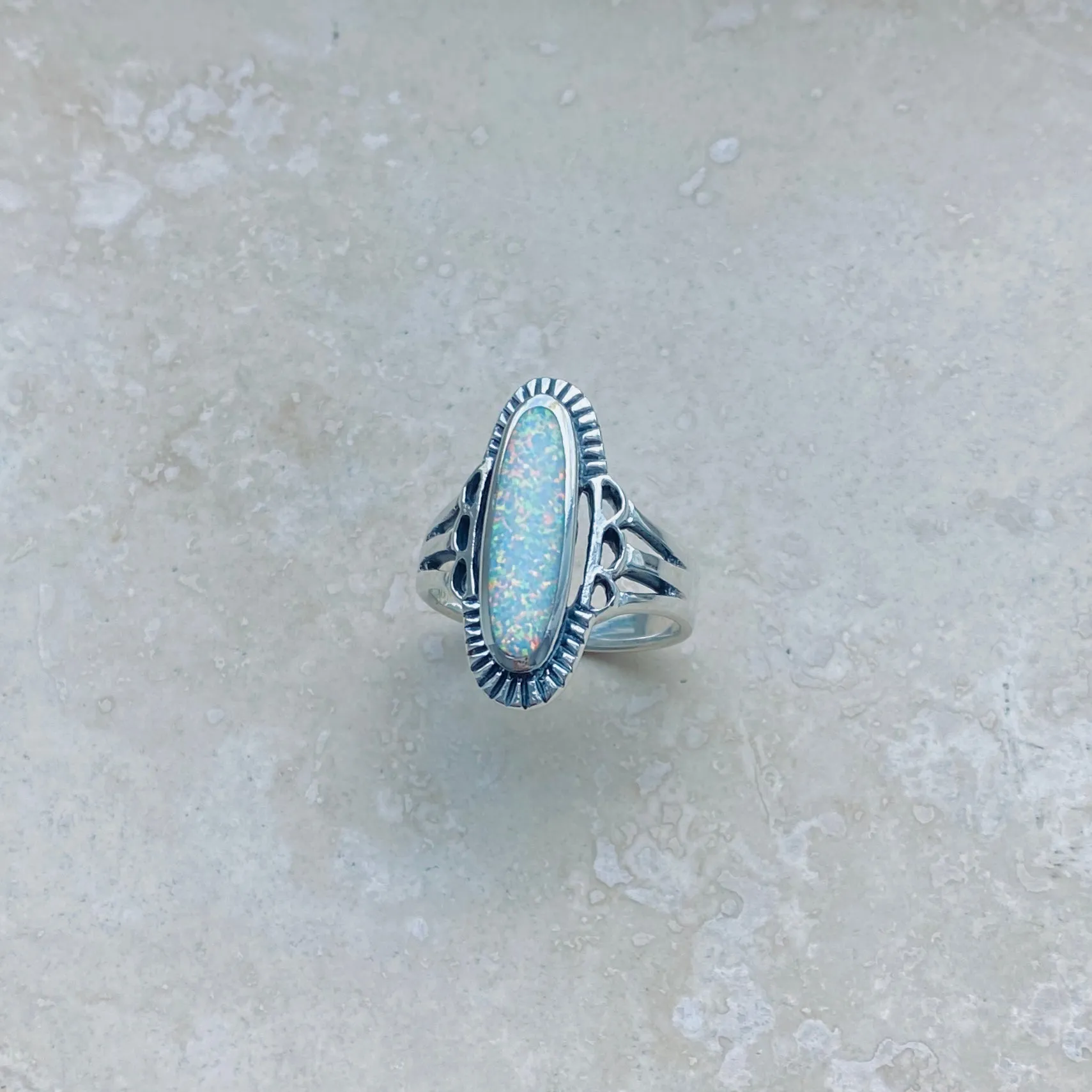 Sterling Silver Etched Oval White Lab Opal Ring, Silver Rings, Statement Ring, Opal Ring