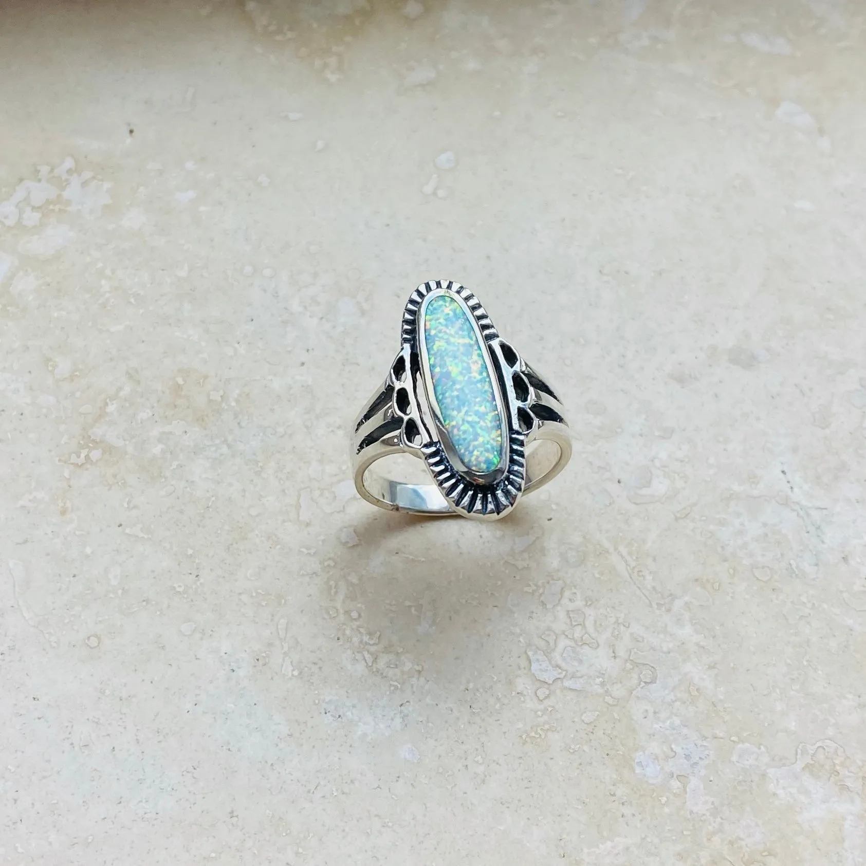 Sterling Silver Etched Oval White Lab Opal Ring, Silver Rings, Statement Ring, Opal Ring