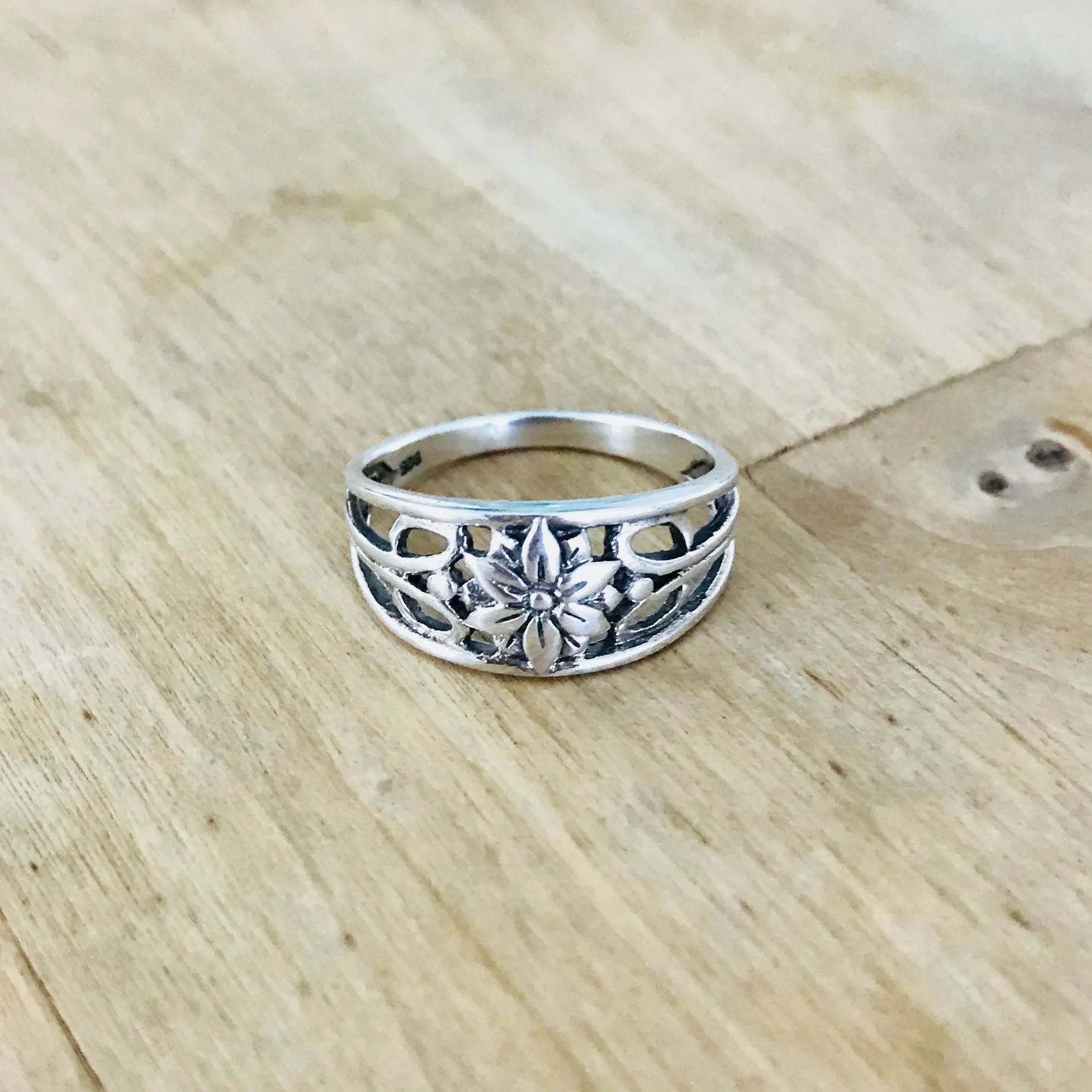 Sterling Silver Flower Ring with Swirls, Boho Ring, Silver Ring, Swirly Ring