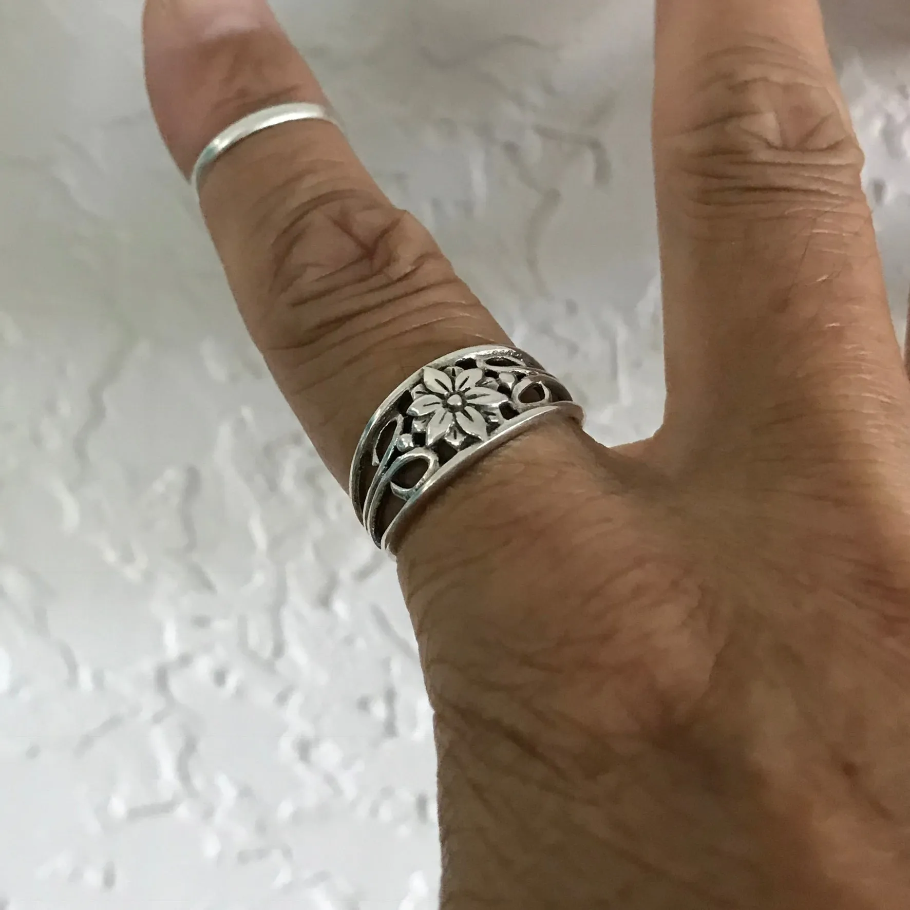 Sterling Silver Flower Ring with Swirls, Boho Ring, Silver Ring, Swirly Ring