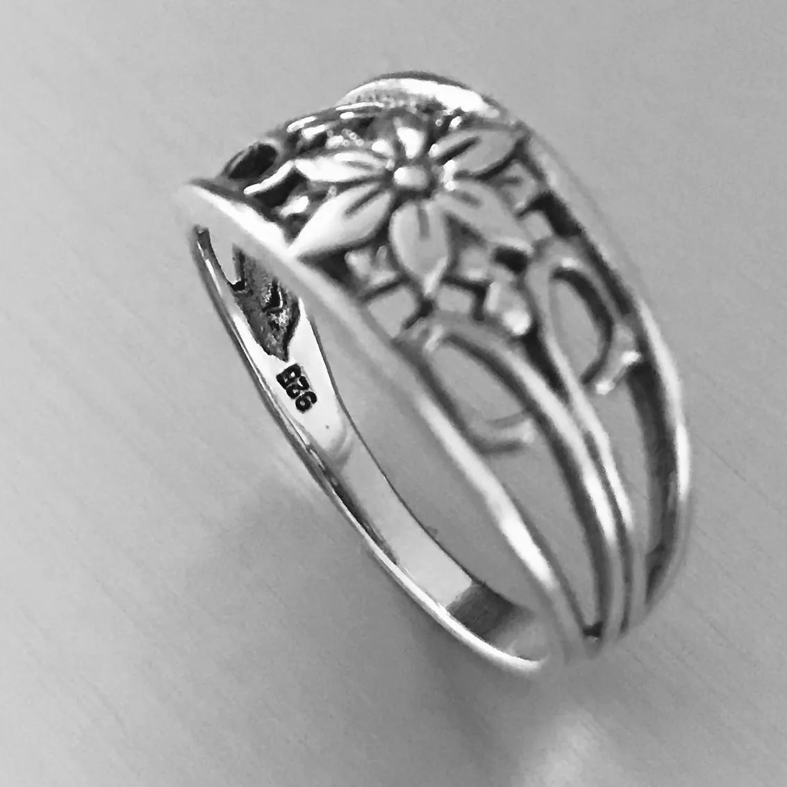 Sterling Silver Flower Ring with Swirls, Boho Ring, Silver Ring, Swirly Ring