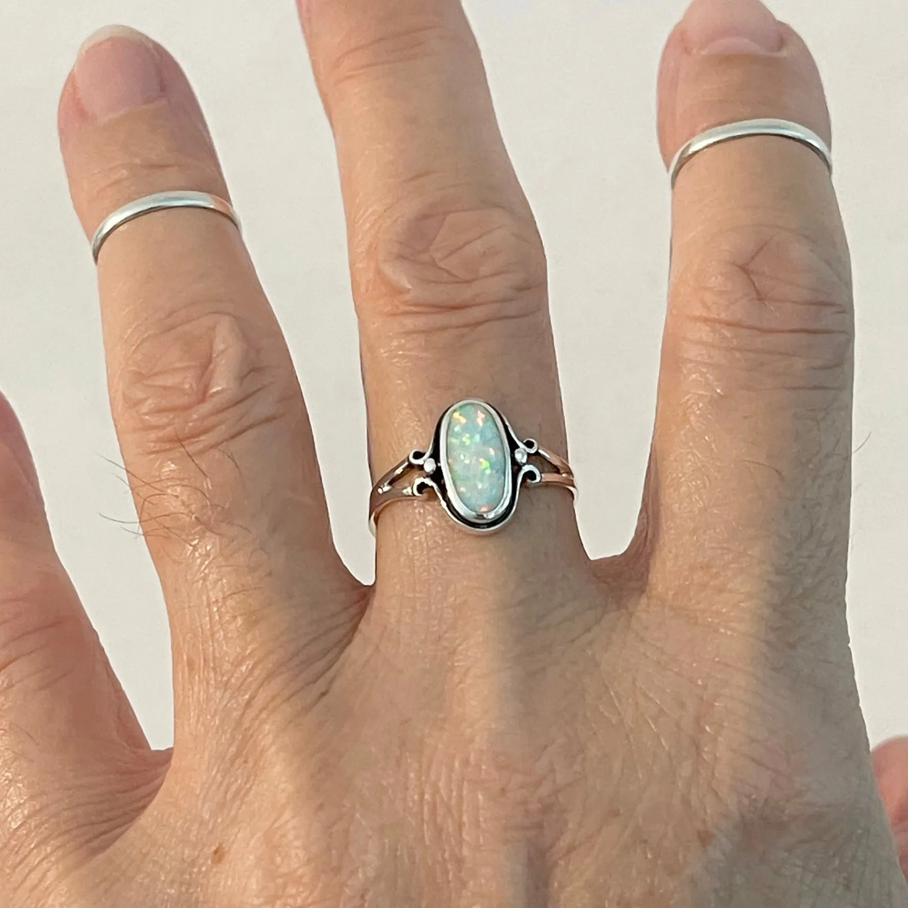 Sterling Silver Oval White Lab Opal Ring, Silver Ring, Simple Ring