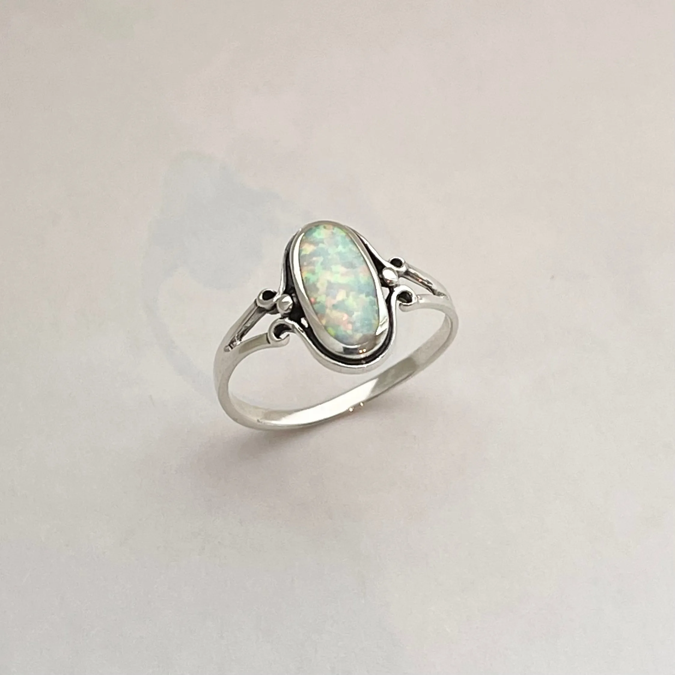 Sterling Silver Oval White Lab Opal Ring, Silver Ring, Simple Ring