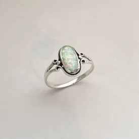 Sterling Silver Oval White Lab Opal Ring, Silver Ring, Simple Ring